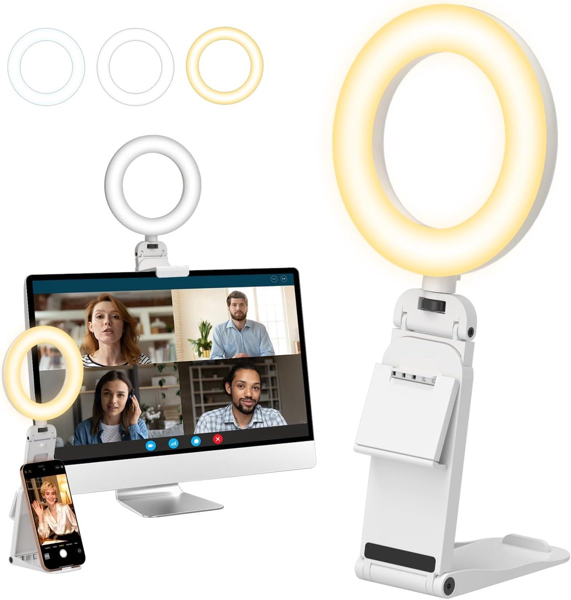 Ringlamp met statief - Videolicht laptop - Online vergaderen - 360 graden draaibaar - 5 inch - Wit