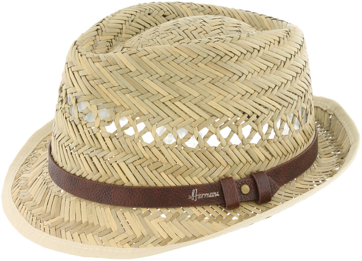 Herman Chapeau paille naturelle verte petit bord relevé à l'arrière avec une ceinture imitation cuir