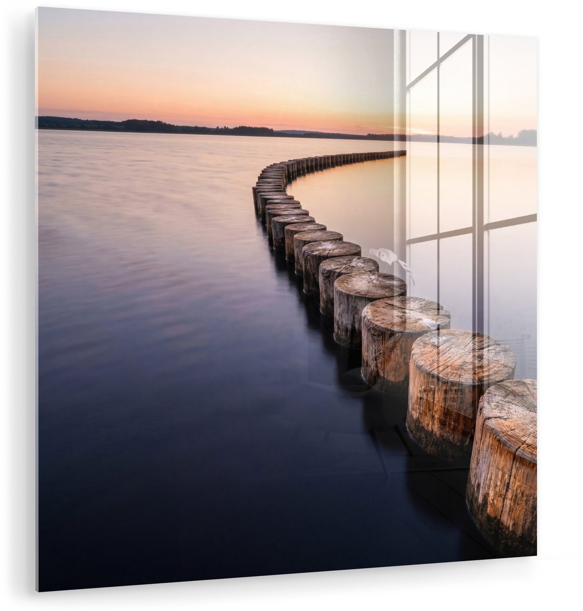 MuchoWow® Glasschilderij 50x50 cm - Schilderij acrylglas - Hout - Palen - Water - Foto op 
