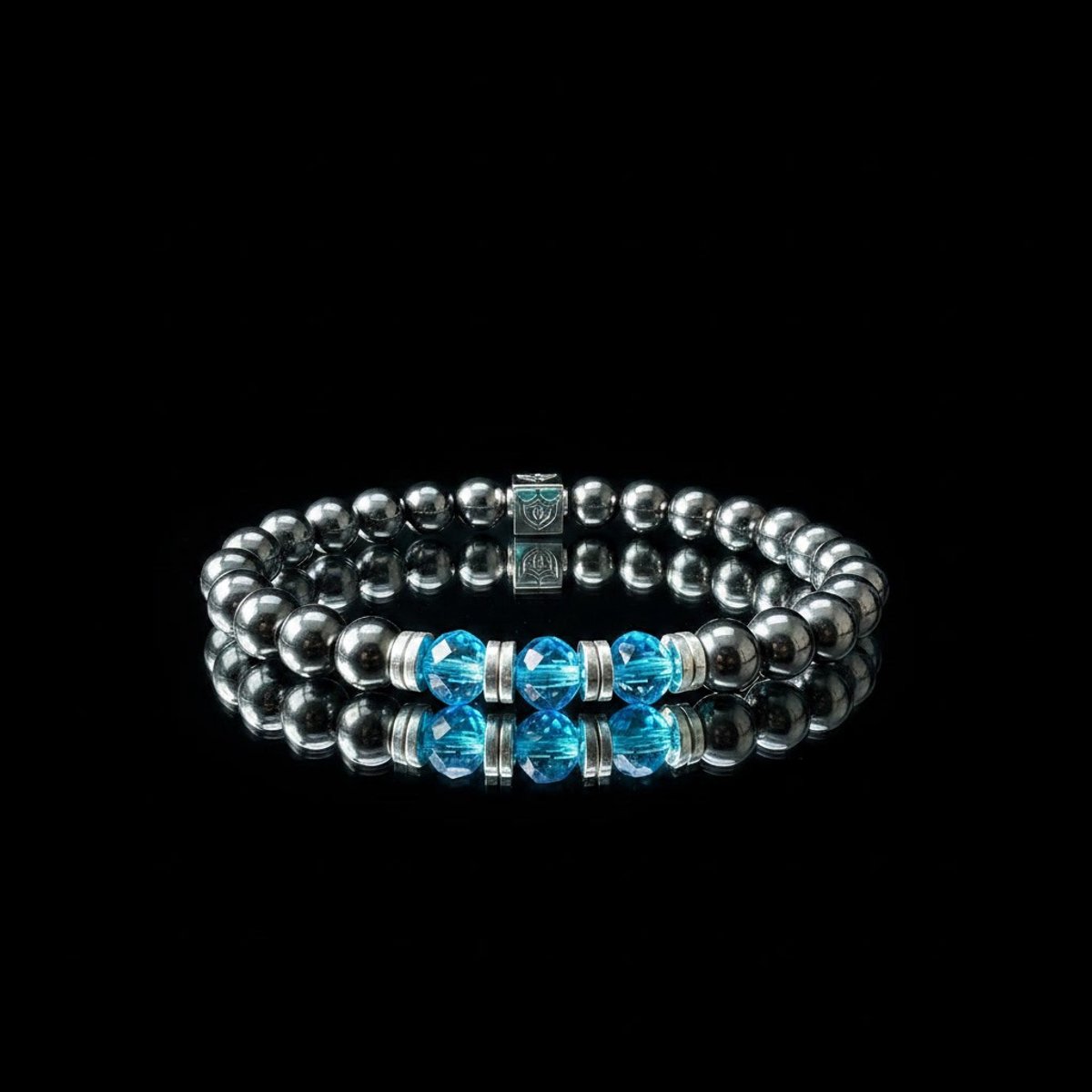 Premium Hematiet Armband - Glanzend Metallic met Blauwe Facet Kralen - Echt Zilver 925 - 21 cm