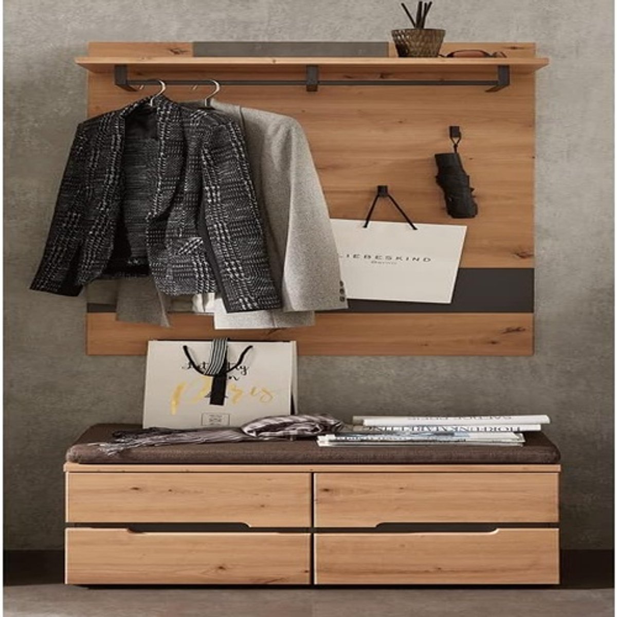 Garderobeset met Zitkussen en Spiegel – Halmeubel Set 190 x 80 x 38 cm – Artisan Eiken met Grafiet – Modern Gangmeubel met Commode en Softclose Deuren