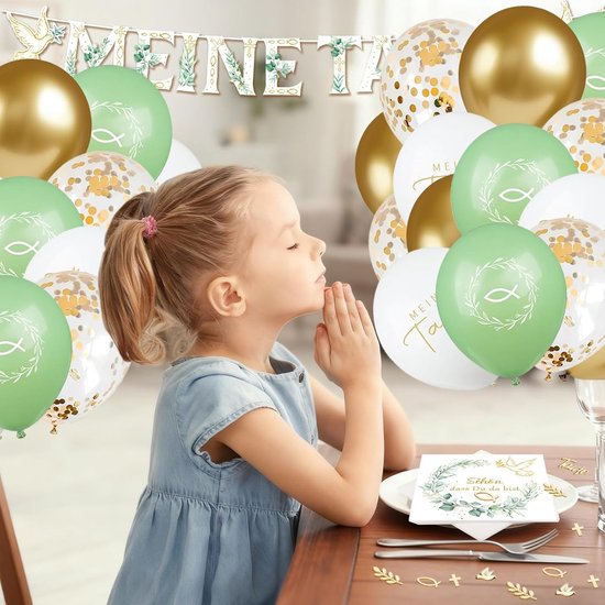 Baptism Decoration for Boys and Girls, 125-Piece Set with My Baptism Garland, 24 Balloons, 40 Napkins, Wooden Confetti and Ribbons for Table Decoration — afbeelding 3