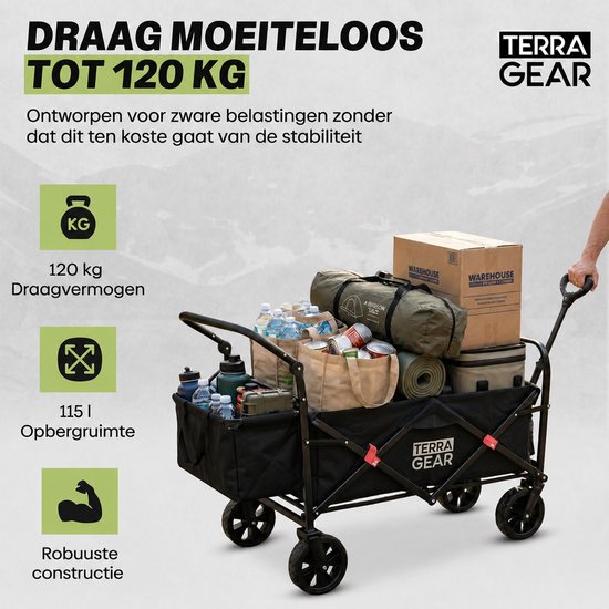 TerraGear Bolderkar met duwstang - Opvouwbaar - Tot 100KG - Inclusief rem - 96L van Merkloos — afbeelding 3