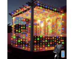 JIMACRO Solar String Lights, 3 m x 3 m, Waterproof Curtain Lights, Pack of 10 Hanging String Lights, 8 Modes, 300 LEDs, Waterfall, Garden Lights with Remote Control, for Christmas Party,