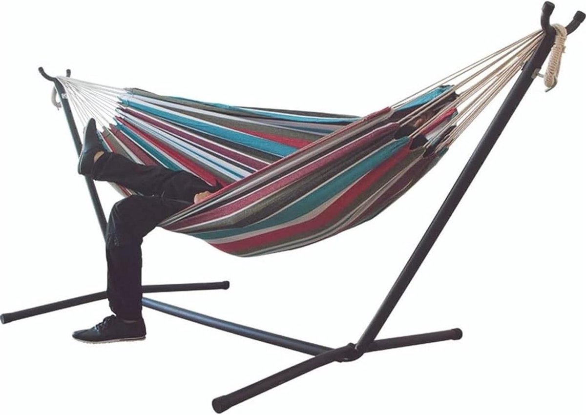 Buiten Hangmat - Dubbele Hangmat - Tuin Ontspanning - Inclusief Stalen Standaard - 265x150cm - Gestreepte Kleurenmix