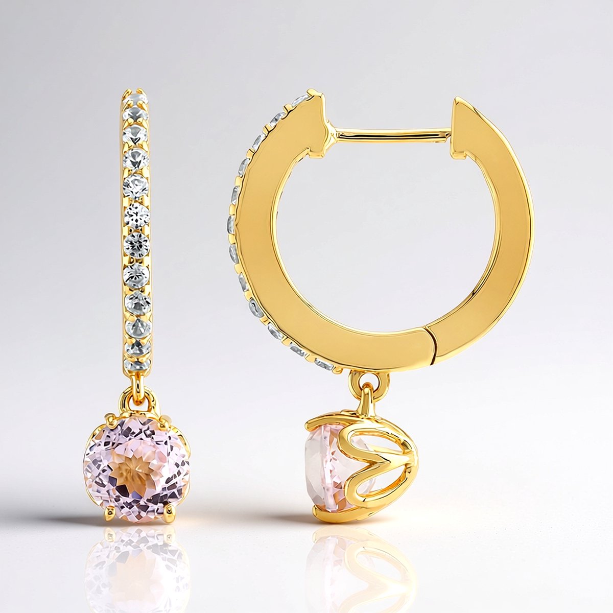 Cavill - 925 Sterling Zilver Vergulde Oorbellen - Afghaanse Kunziet 2,205 ct Rond - Cambodja Zirconia Pavé 0,593 ct - Elegante Dames Sieraden