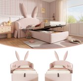 Kinderbed 90x200 cm - met opbergruimte en nachtkastje - konijnenoor-ontwerp - zonder matras - roze