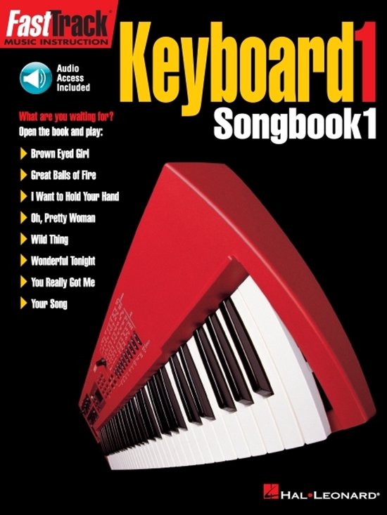 Rood keyboard met zwarte en witte toetsen. Titel: Keyboard Songbook 1, met liedjeslijst.