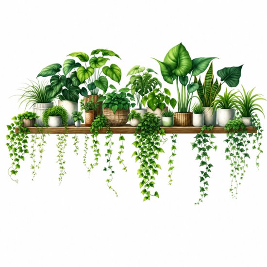 Grand sticker mural avec une étagère remplie de diverses plantes vertes et de feuilles pendantes, sur fond blanc.