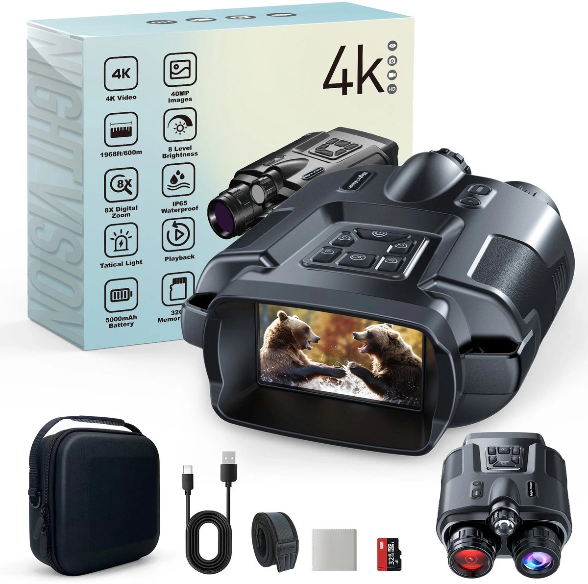 UFTA Nachtzichtkijker 4K - 8x Zoom 600 Meter Infrarood - 40MP Video & Foto 5000mAh - Full Color Nachtzicht 64GB Kaart - Zwart