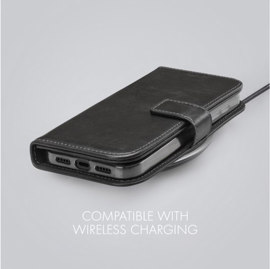 Étui portefeuille noir pour téléphone, compatible avec la recharge sans fil.
