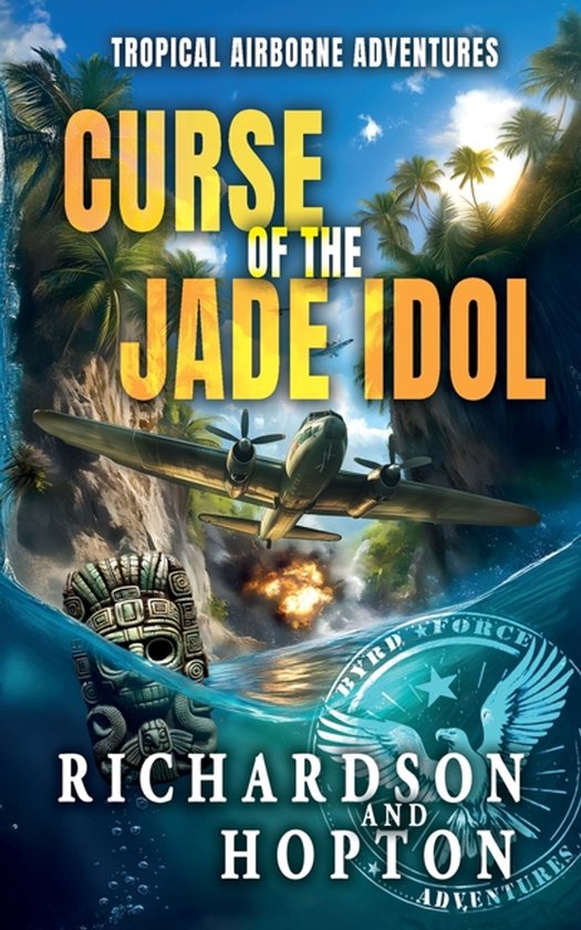 Boekomslag: 'Curse of the Jade Idol'. Vliegtuig boven jungle, jade masker en explosie. 'Tropical Airborne Adventures'.