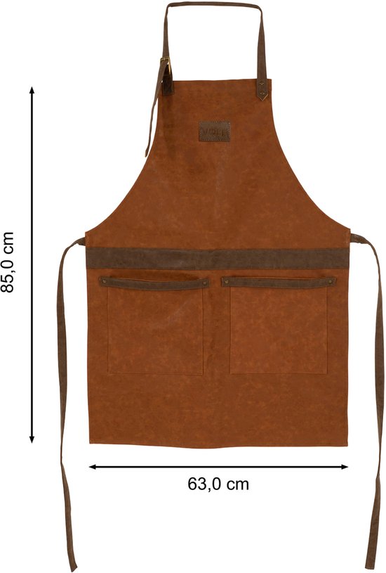 Bruin kunstleren schort met bruine leren banden, twee zakken en verstelbare banden. Afmetingen: 85 cm hoog, 63 cm breed.