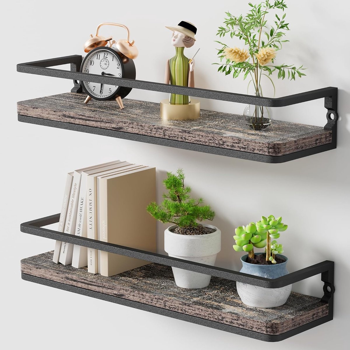HOMESY Zwevende planken, plank met lengte 42 cm, houten wandplank voor slaapkamer, keuken, badkamer, woonkamer, thuiskantoor Grijs + Zwart