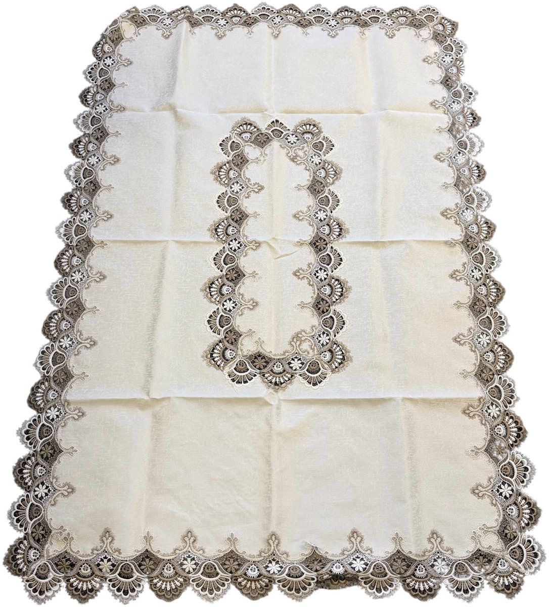 Tafelkleed - Wit - Grof kant met bruine rand - rechthoek 160 x 110 cm
