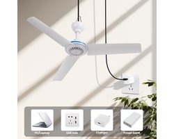 Plafondventilator - Draagbare Plafondventilator - Stille Ventilator - USB Aangedreven - met 3 Afneembare Ventilatorbladen - Wit