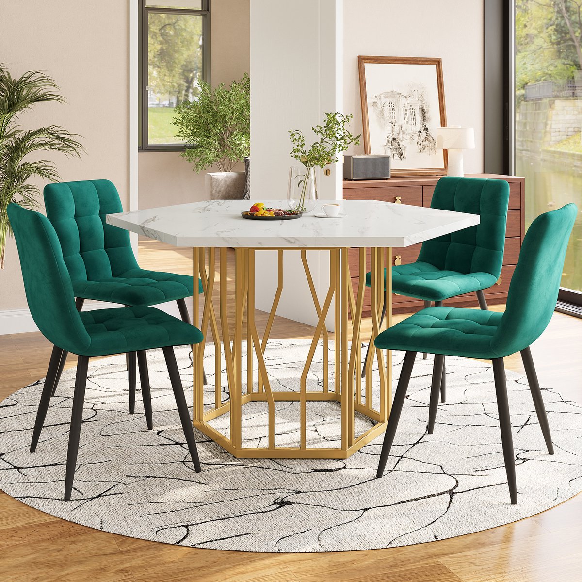 Merax Eettafel- en stoelenset - 5-delig - moderne zeshoekige eettafel - wit tafelblad en gouden tafelpoten - 4 groene eetkamerstoelen Goud en Groen