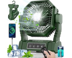 Campingventilator 20000 mAh - USB Oplaadbare Tafelventilator met LED Verlichting - Afstandsbediening - 4 Snelheden & 4 Timers - Stille Outdoor Ventilator met Ophanghaak - Voor Camping, Tent, Picknick en Reizen
