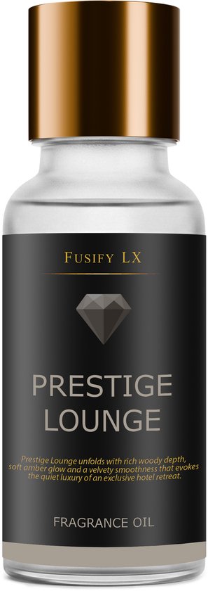 Glazen flesje 'Prestige Lounge' met gouden dop, op zwarte achtergrond.