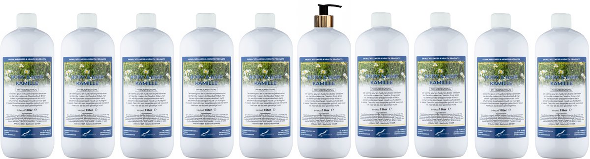 Body & Hair Kamille 1 liter met gouden pomp - set van 10 stuks - 2 in 1 voor lichaam en haar - voordeelverpakking