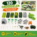 Grande piste de course de dinosaures avec 120 pièces, y compris une voiture dinosaure, des dinosaures et des accessoires.