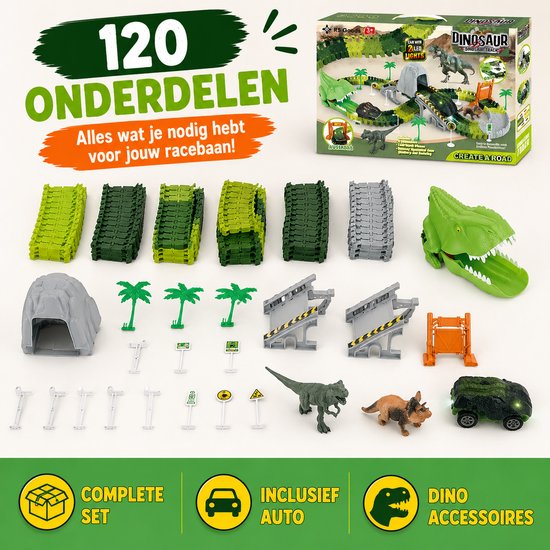 Grande piste de course de dinosaures avec 120 pièces, y compris une voiture dinosaure, des dinosaures et des accessoires.