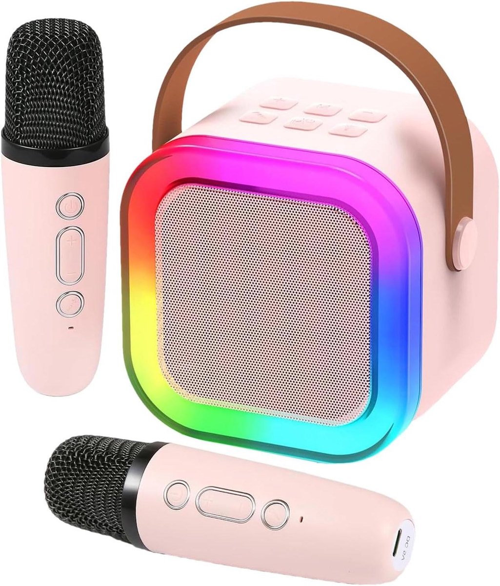 Karaoke Machine Kinderen - Draagbare Speaker - Muziekfeest Thuis - Met Twee Microfoons - 14 cm Hoog - Roze