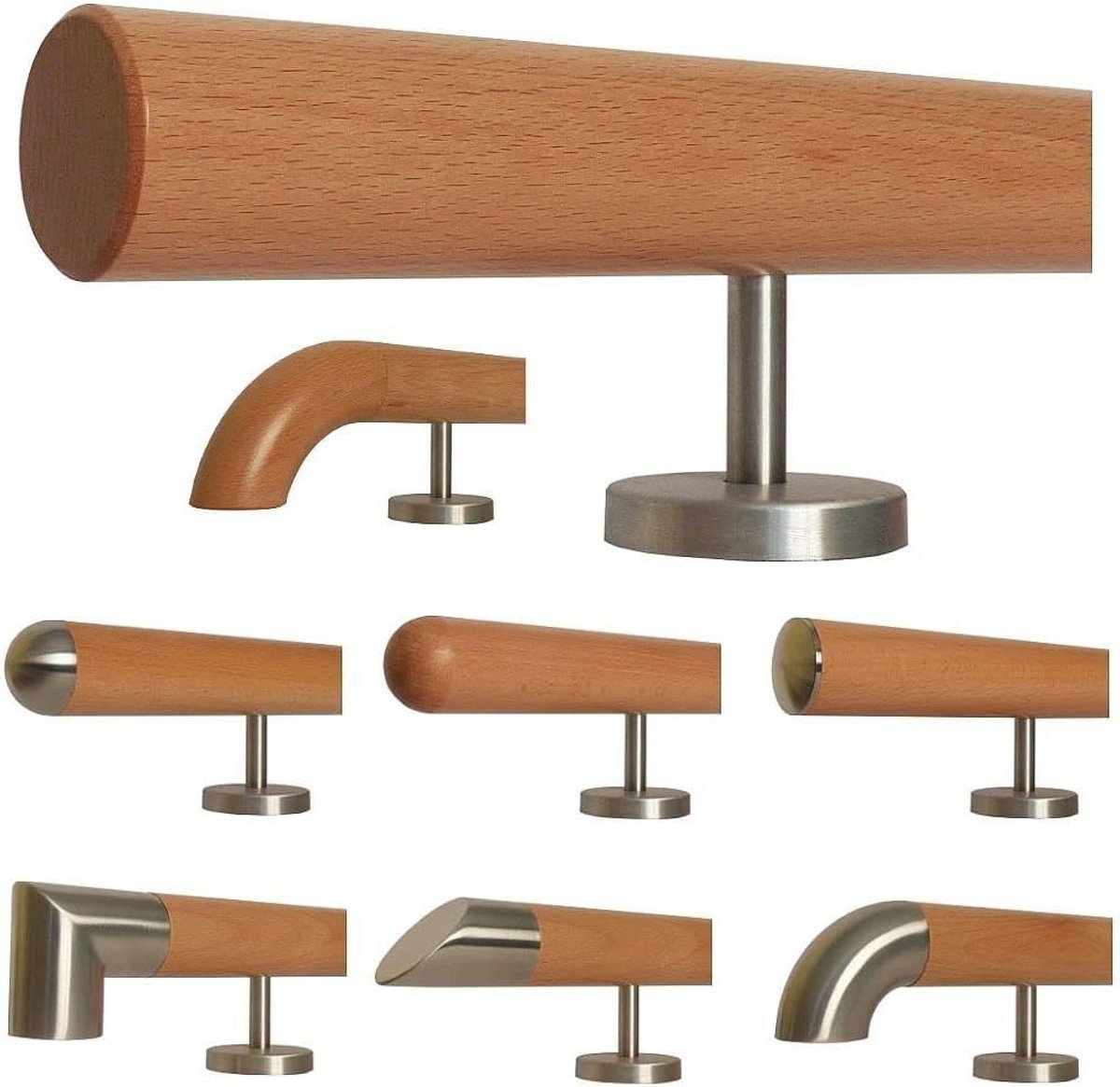 Beukenhout, trapleuning, leuning, handgreep, recht, roestvrijstalen houder, lengte 30 - 500 cm, uit één stuk, bijvoorbeeld lengte 60 cm, met 2 rechte houders, uiteinden = afgeschuind