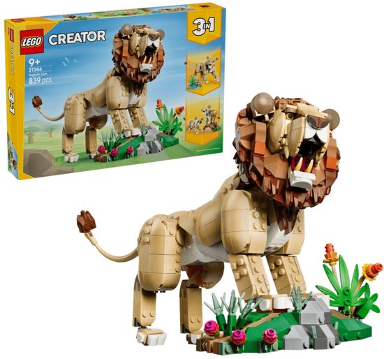 LEGO Creator 31386 verpakking met LEGO leeuw model, en afbeeldingen van leeuw met welpen en leeuwin bij water.