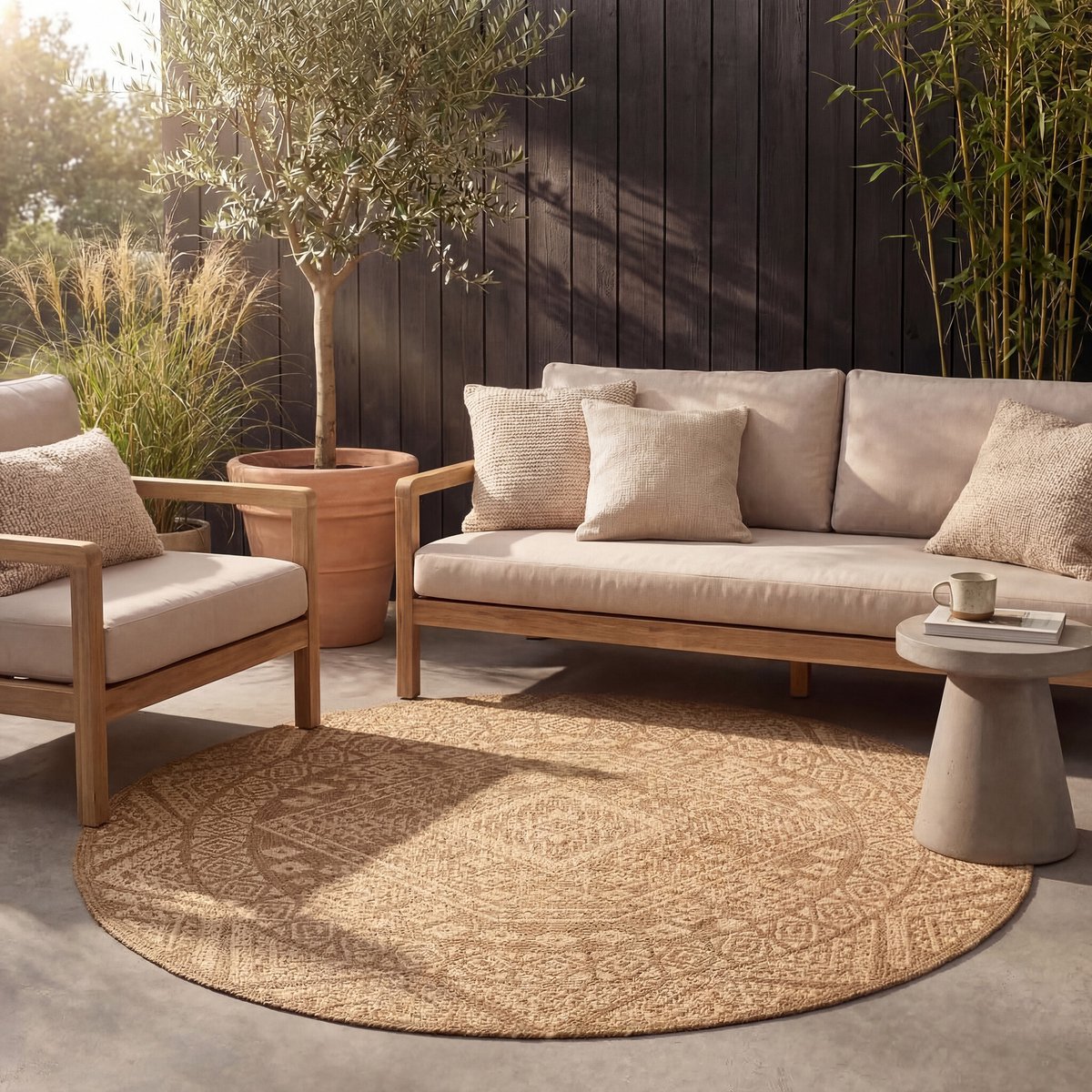Fraai Rond jute buitenkleed - Mavi Medaillon Bruin/Creme - Ø 120cm
