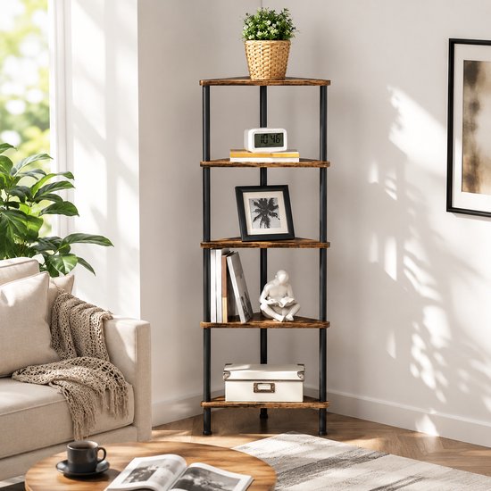 BOTC Boekenkast - Hoekboekenkast - Vrijstaande Hoekplank - Boekenkast met 5 planken - voor Woonkamer, Slaapkamer, Kantoor - Bruin