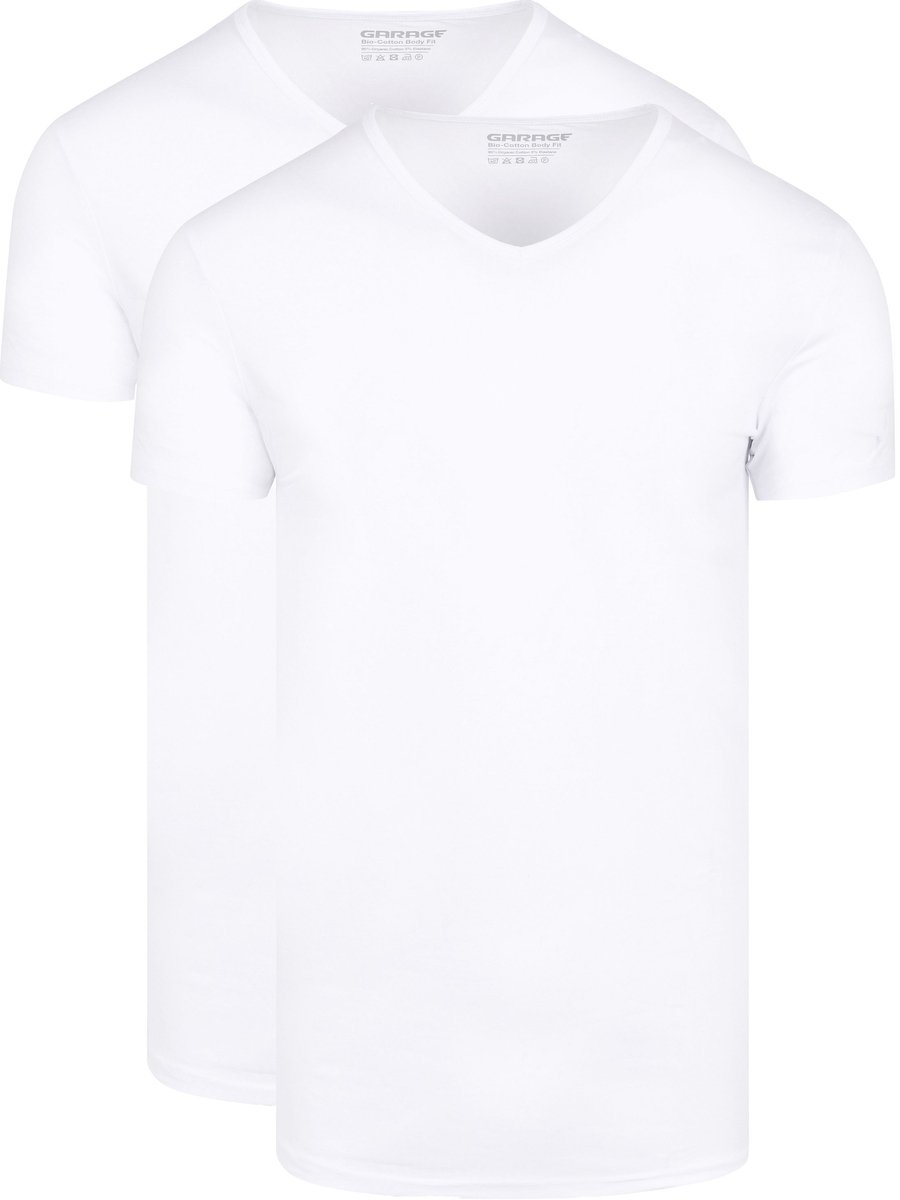 Garage 0222- Bio-Cotton Bodyfit 2-pack T-shirt V-hals korte mouw wit M 95% organisch katoen 5% elastan