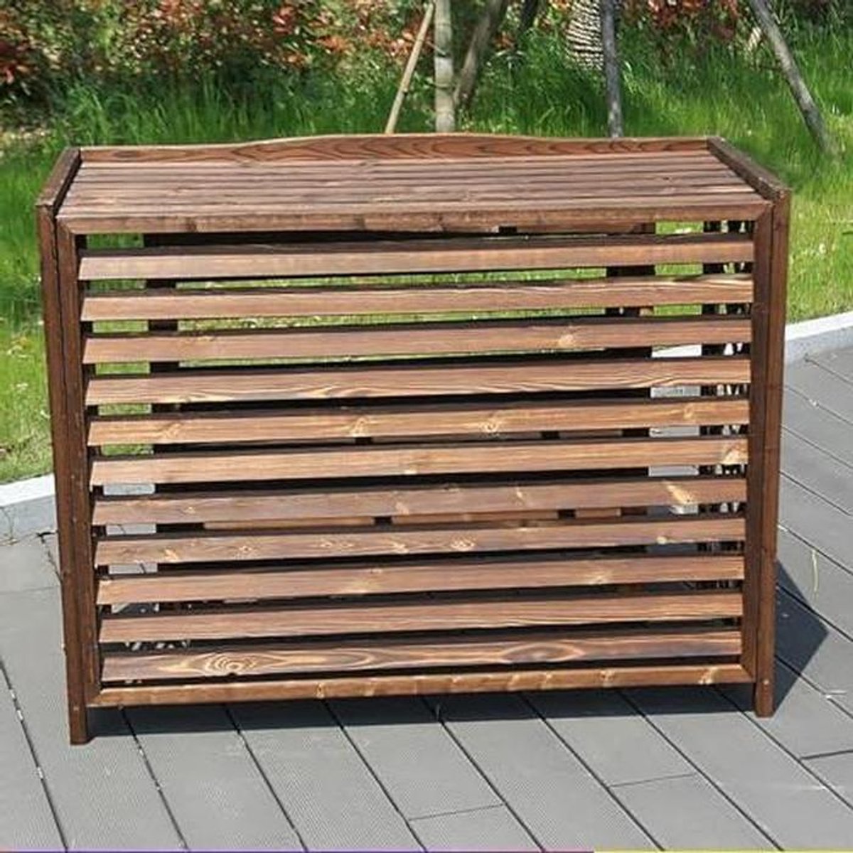 Houten Airco Afdekking - Buitenunit Scherm - Terras Decoratie - Lamellen Ventilatie - Tot 110cm Breed - Natuurlijk Hout