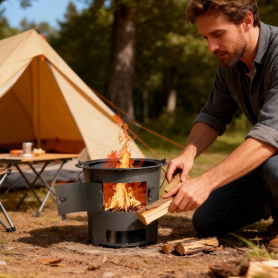 Hout Kooktoestel - Outdoor Stove - Kamperen en Reizen - Afneembaar Handgreep - 27x27x28 cm - Zwart — afbeelding 2
