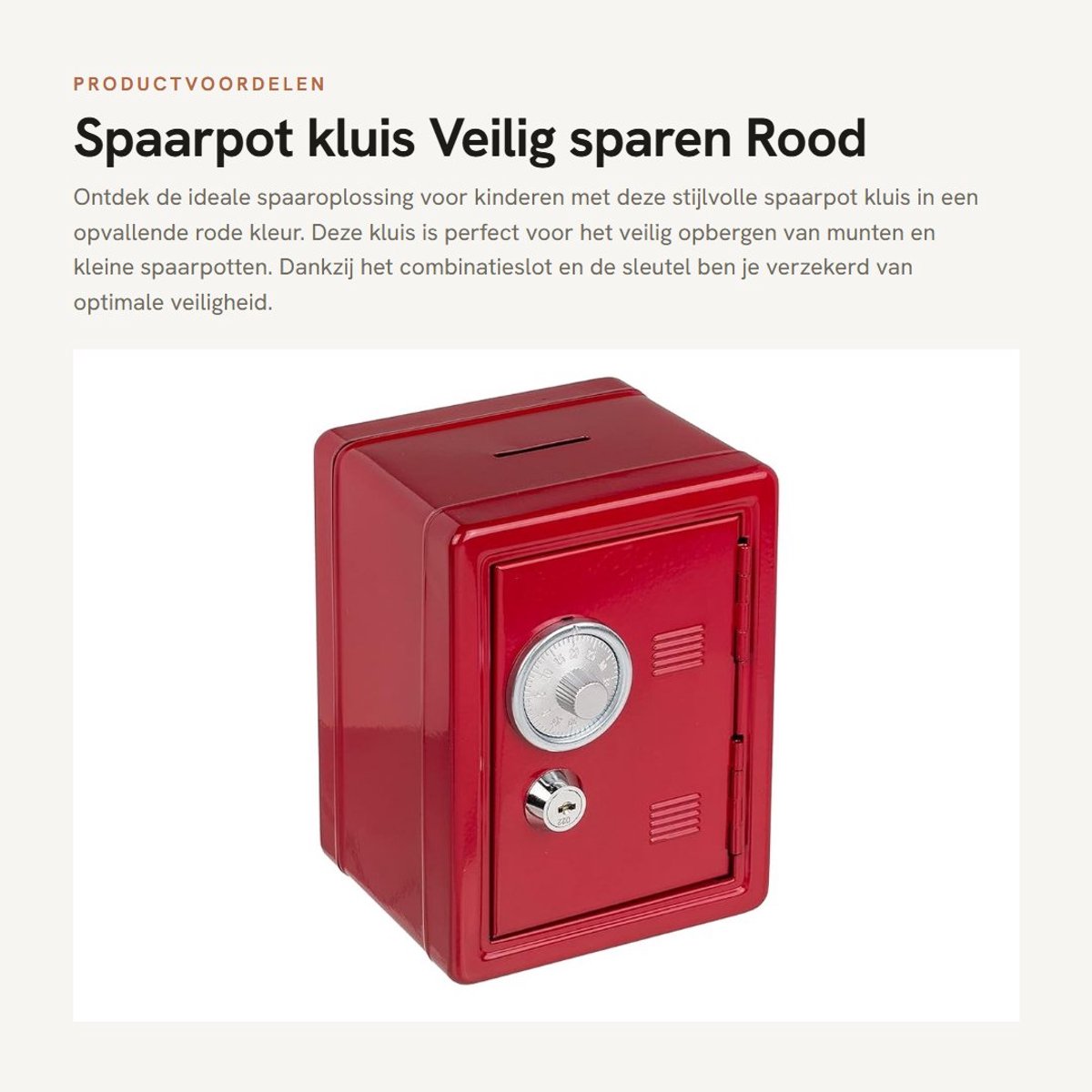 Dailygoods- Spaarpot Kluis - Rood Gelakt Metaal - Combinatieslot/Sleutel - Uittrekbare Muntenlade - Inwerpopening Boven - Afmetingen 16 x 11,5 x 10 cm