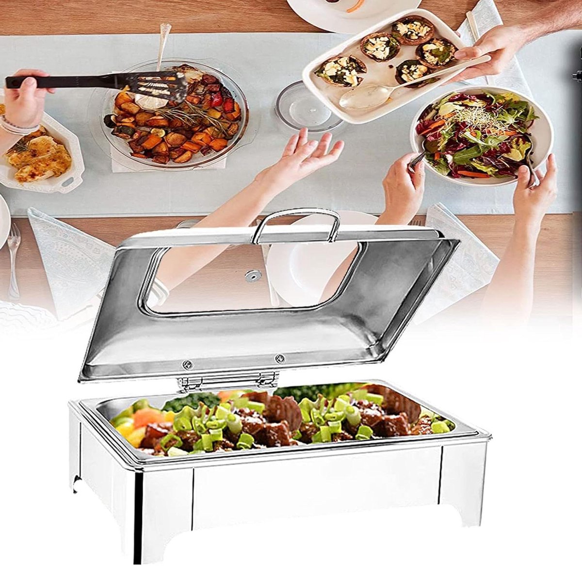 Roestvrijstalen buffetset, 9L/8QT elektrisch met 1/2/3 rekken | Grote warmhoudpan, buffet, complete pan