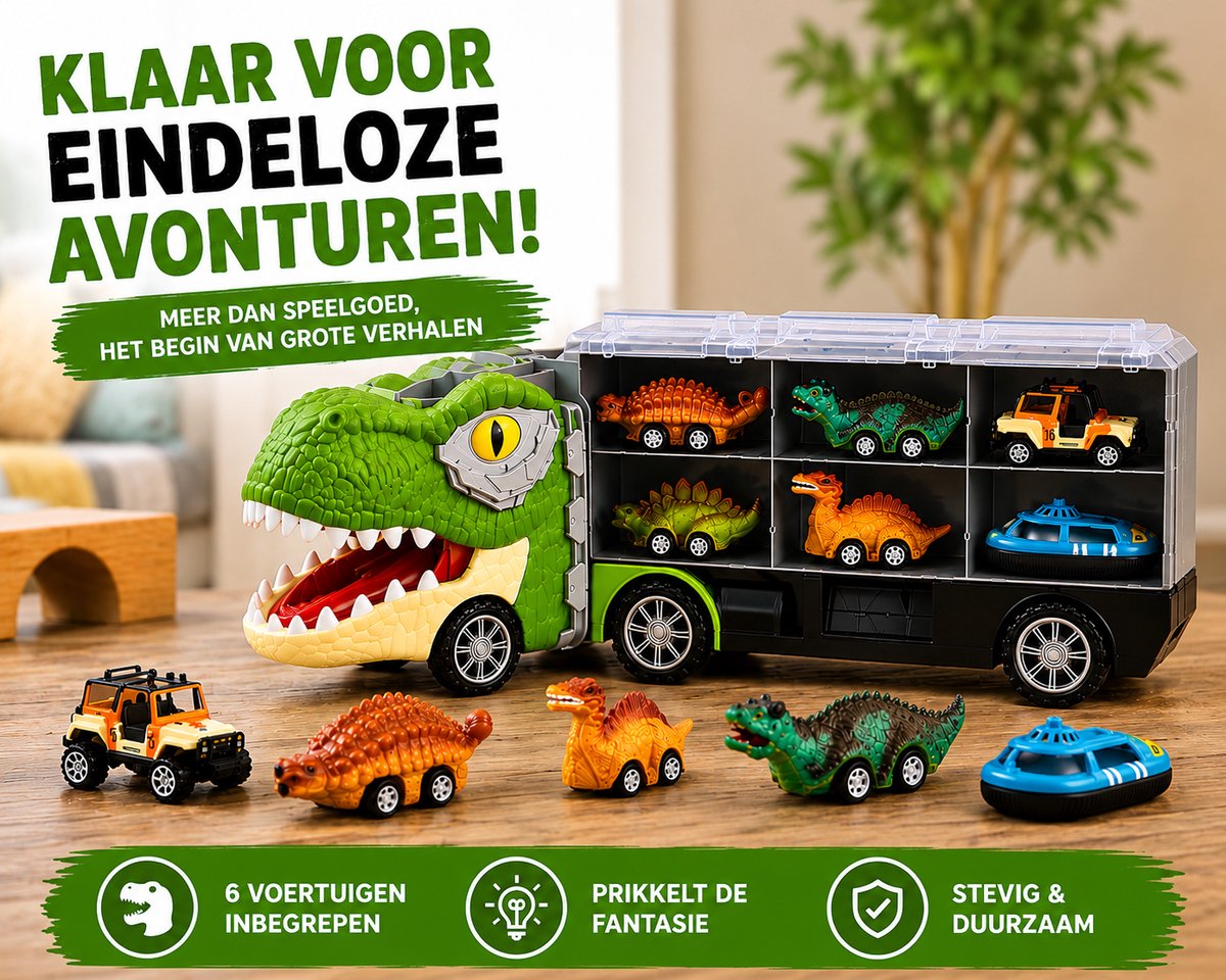 Dinosaurus Speelgoed Truck - Met 6 Extra Speelgoedauto's - Dino - Auto Speelgoed - Jongens Speelgoed - Meisjes Speelgoed - Speelgoed 3 Jaar - Speelgoed 4 Jaar - Speelgoed 5 Jaar - Kinderspeelgoed - Dinosaurus - Speelgoed Autos Jongens — afbeelding 2