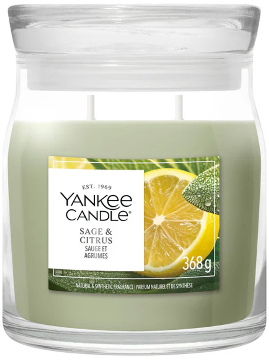 Yankee Candle Sage & Citrus Medium Geurkaars - 50 branduren - 2 lonten Groen
