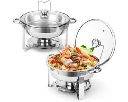 Chafing Dish Set van 2 - Ronde Buffetwarmer RVS - Met Glazen Deksel & Dekselhouder - Warmhoudschaal voor Catering, Feesten & Bruiloften - Zilver