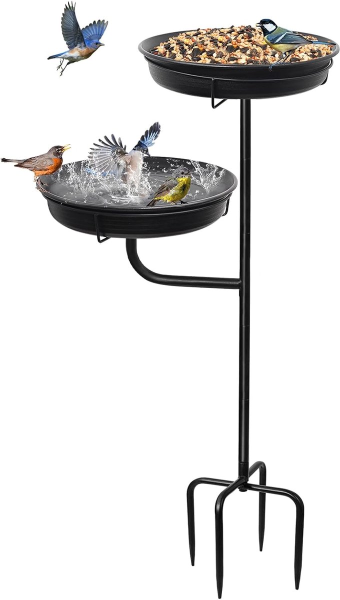 Vogelbad Buiten - Tuin Voederbak - Vogels Voeren - 2-in-1 Ontwerp - 100 cm Hoog - Zwart