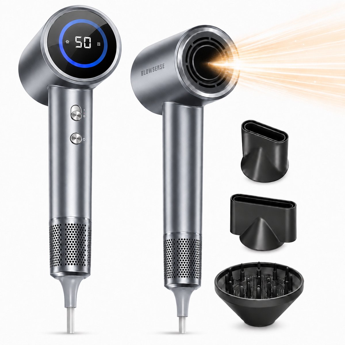 BlowSense® AirGlide - Föhn met Diffuser en Concentrator - LED Scherm - Haardroger met Ionentechnologie - 3 Magnetische Opzetstukken - Inclusief Magnetisch Ophangsysteem - Luxe Cadeauverpakking - Platina Grijs - 2026 Model