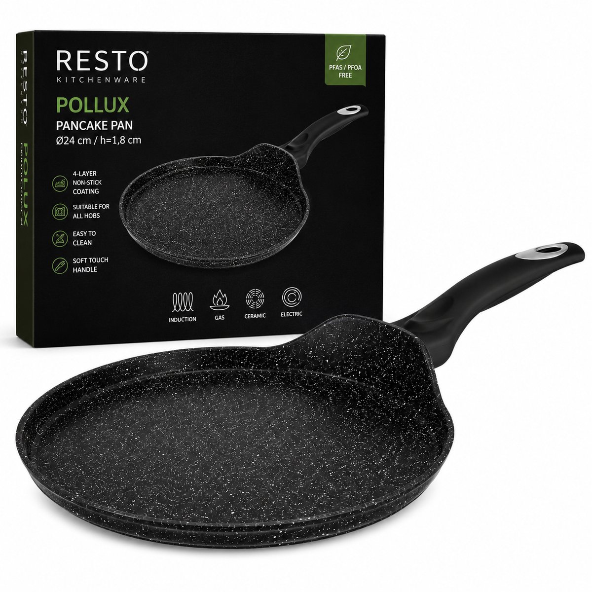 RESTO Pollux Pannenkoekpan 24 cm – Inductie Geschikt – 4-Laagse Anti-aanbaklaag – PFAS/PFOA Vrij – Aluminium Crêpepan – Pancake Pan