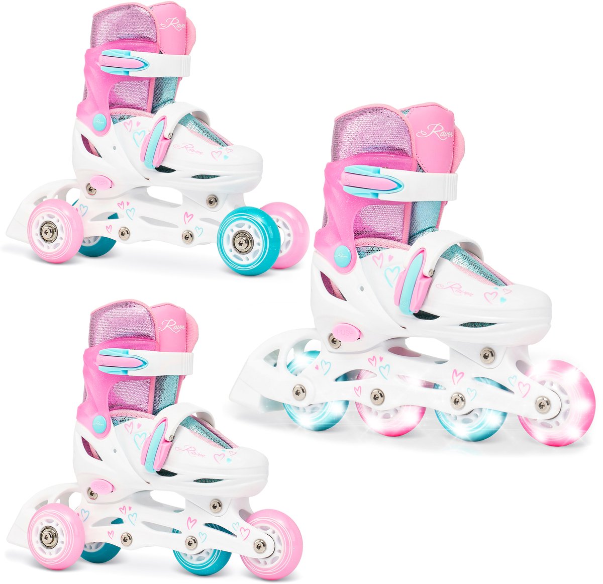 RAVEN Loret Glitter 3-in-1 Verstelbare Skeelers Lichtgevende Wielen LED 34-37 /Mintgroen Wit