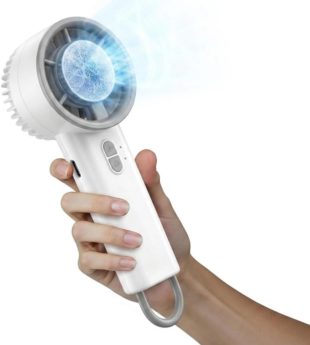 Draagbare handventilator - Drie instelbare windsnelheden - Compact en efficiënt - Geschikt voor de zomer, op kantoor, tijdens het sporten en op reis - Wit - Afmetingen: 5,7 x 6 x 15,7 cm