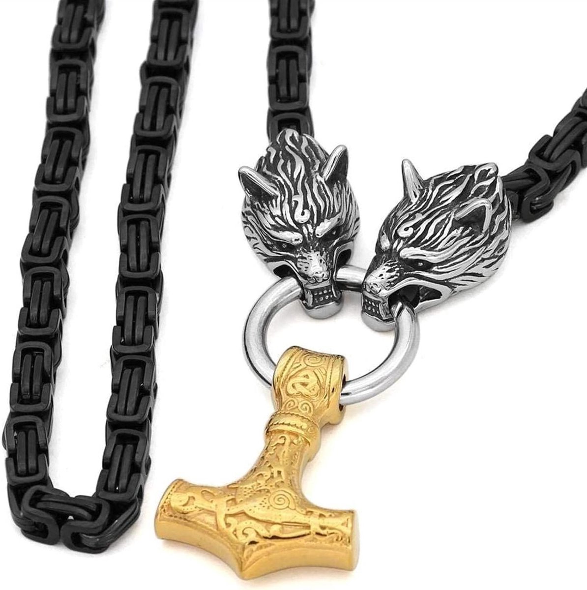 Viking Mens Wolf Head Mjolnir Necklace, Nordic Celtic Thor's Hammer Pendant, Men Stainless Steel Square Black Chain Chain Pagan Amulet Jewelry Gift(Gold Pendant,70cm)