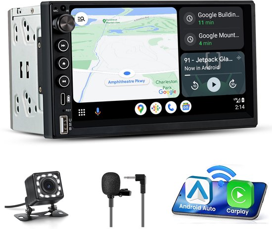 JUNSUN 7 inch 2DIN Autoradio met Draadloze Carplay & Android Auto - IPS Scherm (1024x600) + Achteruitrijcamera + Bedieningsknop + Installatieset + Microfoon + USB + FM Radio