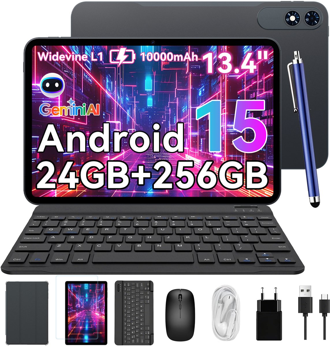TABWEE Tablet - T60 Pro Tablet - 10000 mAh - 13.4 Inch FHD - 24GB RAM - 256GB ROM - Android 15 Tablet - SD 2TB - 5G WIFI - Grijs