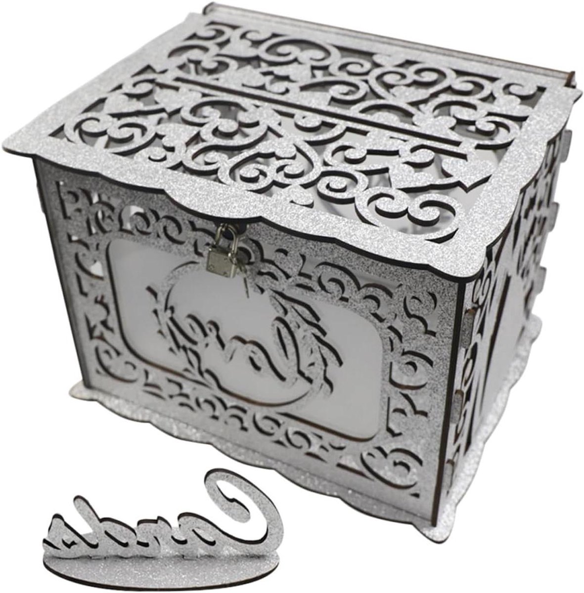 Houten Wenskaartdoos - Envelop Geldhouder - Bruiloft Decoratie - Elegant Hol Ontwerp - 30 x 24 x 22.5 cm - Houtkleur