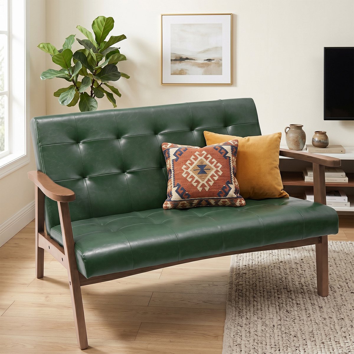 HomeMiYN – Tweepersoons Japanse Stijl Sofa – Donkergroen PU – Comfortabele Lounge Stoel voor Woonkamer, Slaapkamer of Entree – Ergonomisch & Stevig – Eenvoudige Montage