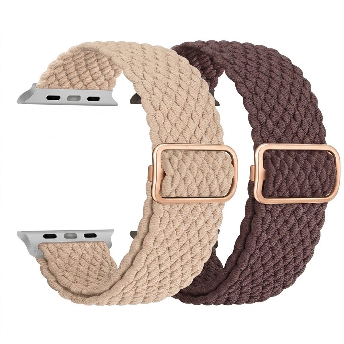 Beige bruin nylon horloge band 2 pack dames heren geschikt voor Apple Watch 38 mm / 40 mm / 41 mm / 42 mm (serie 10 / 11) – rekbare band – gevlochten verstelbare stijl